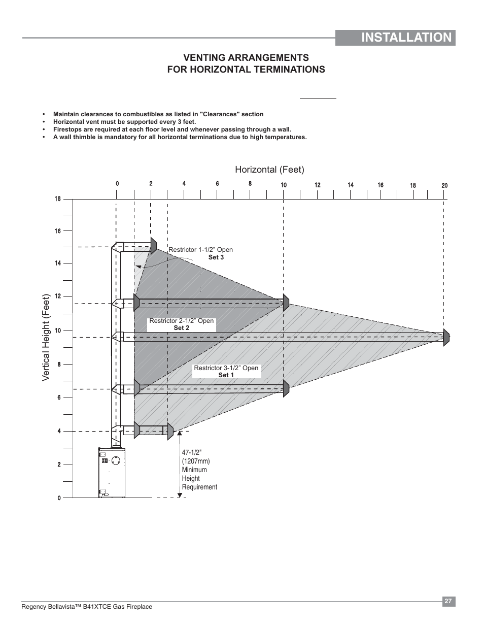 Installation, Vertical height (feet) horizontal (feet), Venting arrangements for horizontal terminations | Regency Bellavista B41XTCE Large Gas Fireplace User Manual | Page 27 / 68