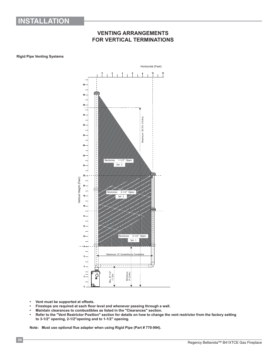 Installation, Venting arrangements for vertical terminations, 30 regency bellavista™ b41xtce gas fireplace | Elbows equal to one 90, Elbow. maximum of four 45 | Regency Bellavista B41XTCE Large Gas Fireplace User Manual | Page 30 / 68