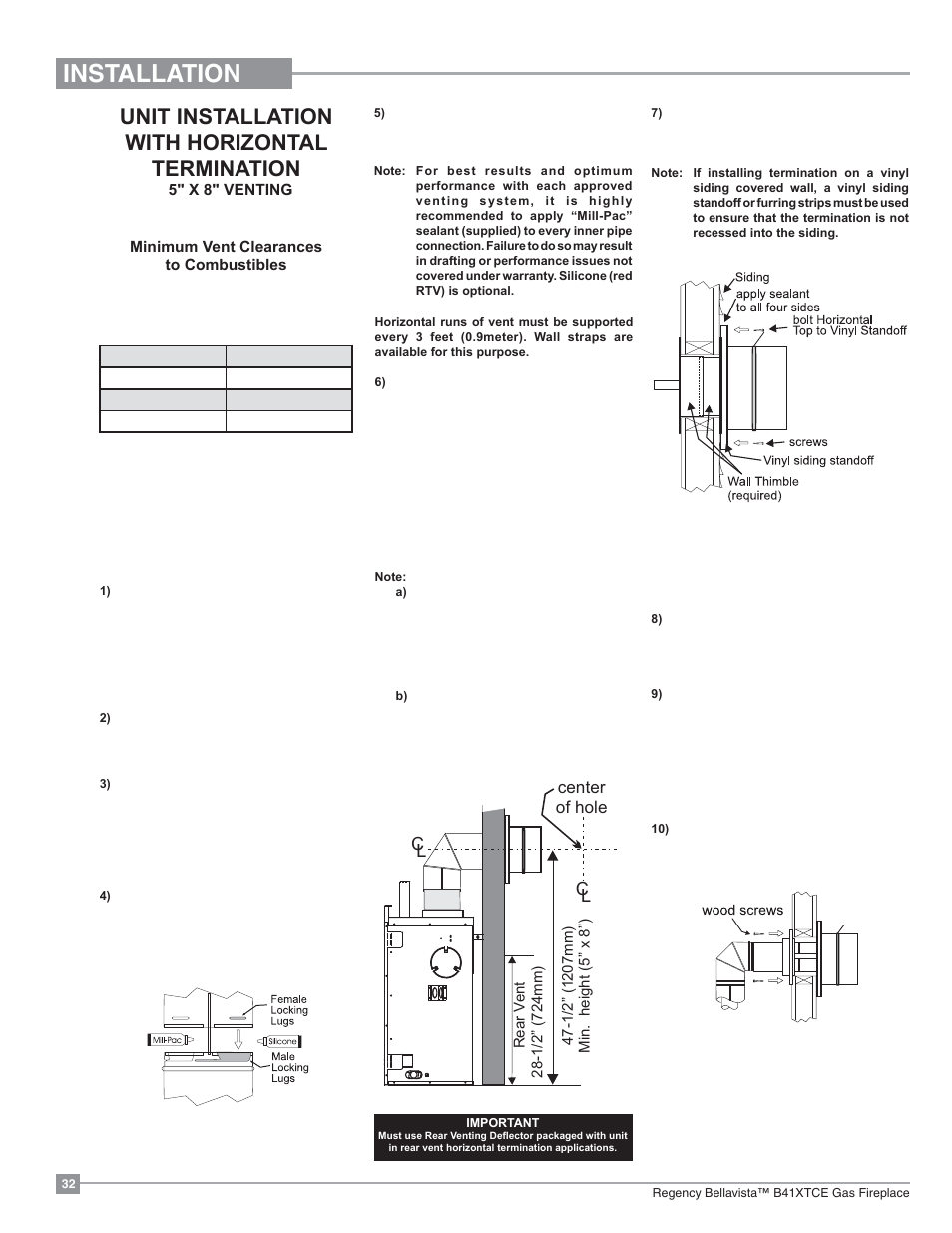 Installation, Unit installation with horizontal termination, Center of hole | Regency Bellavista B41XTCE Large Gas Fireplace User Manual | Page 32 / 68