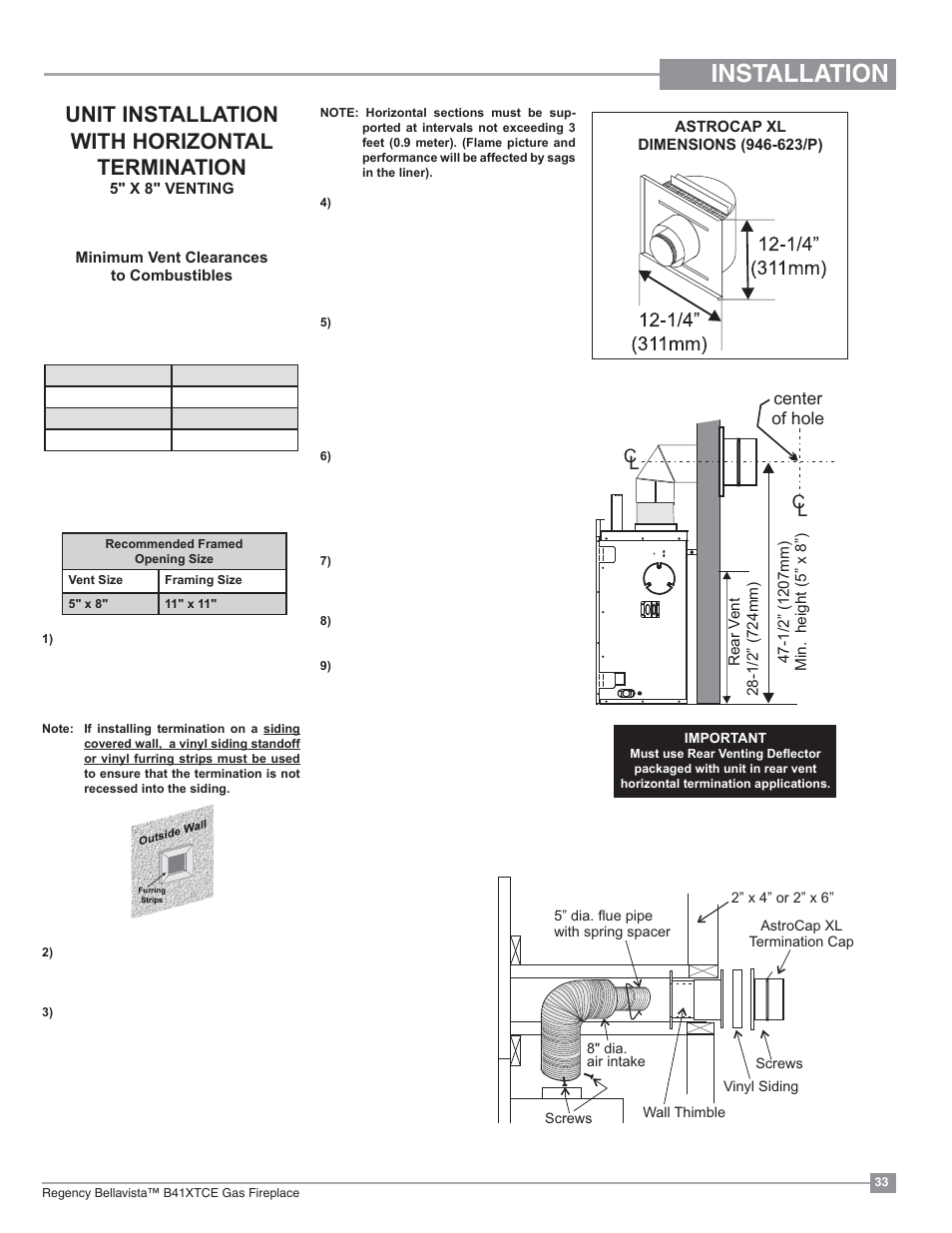 Installation, Unit installation with horizontal termination | Regency Bellavista B41XTCE Large Gas Fireplace User Manual | Page 33 / 68