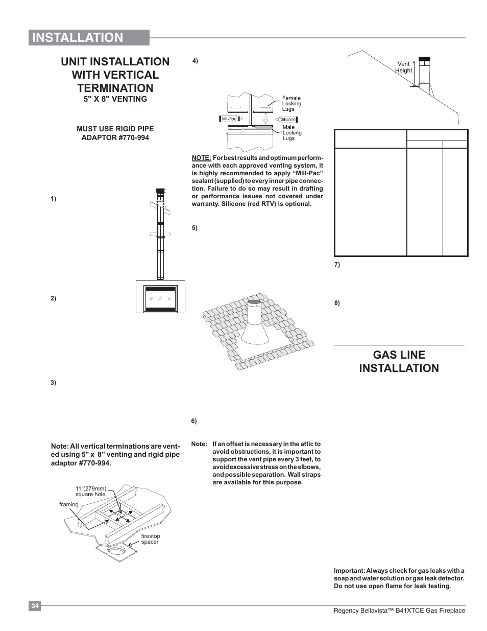 Installation, Gas line installation, Unit installation with vertical termination | Regency Bellavista B41XTCE Large Gas Fireplace User Manual | Page 34 / 68