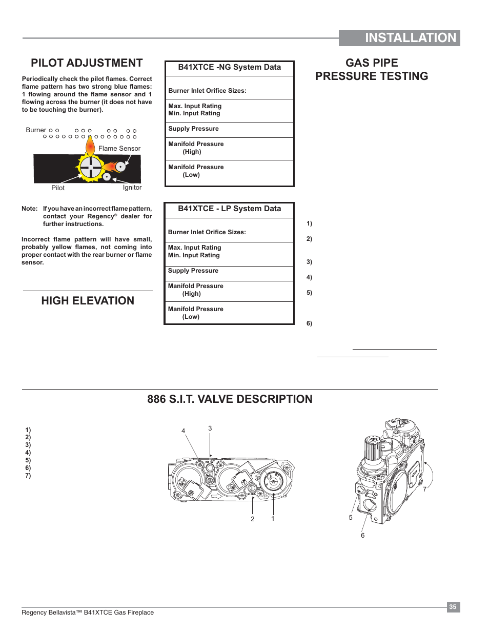 Installation, Gas pipe pressure testing, High elevation | Pilot adjustment, 886 s.i.t. valve description | Regency Bellavista B41XTCE Large Gas Fireplace User Manual | Page 35 / 68