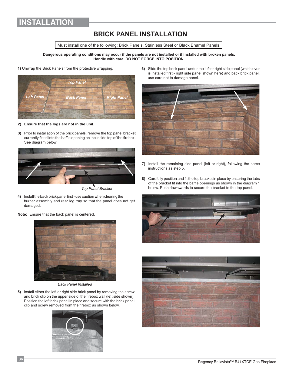 Installation, Brick panel installation | Regency Bellavista B41XTCE Large Gas Fireplace User Manual | Page 36 / 68