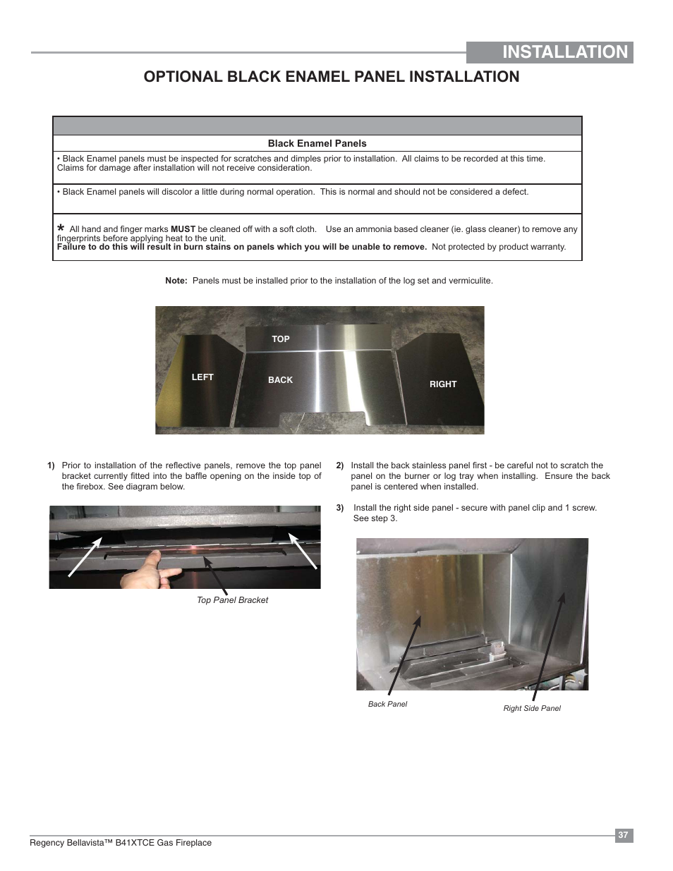 Installation, Optional black enamel panel installation | Regency Bellavista B41XTCE Large Gas Fireplace User Manual | Page 37 / 68