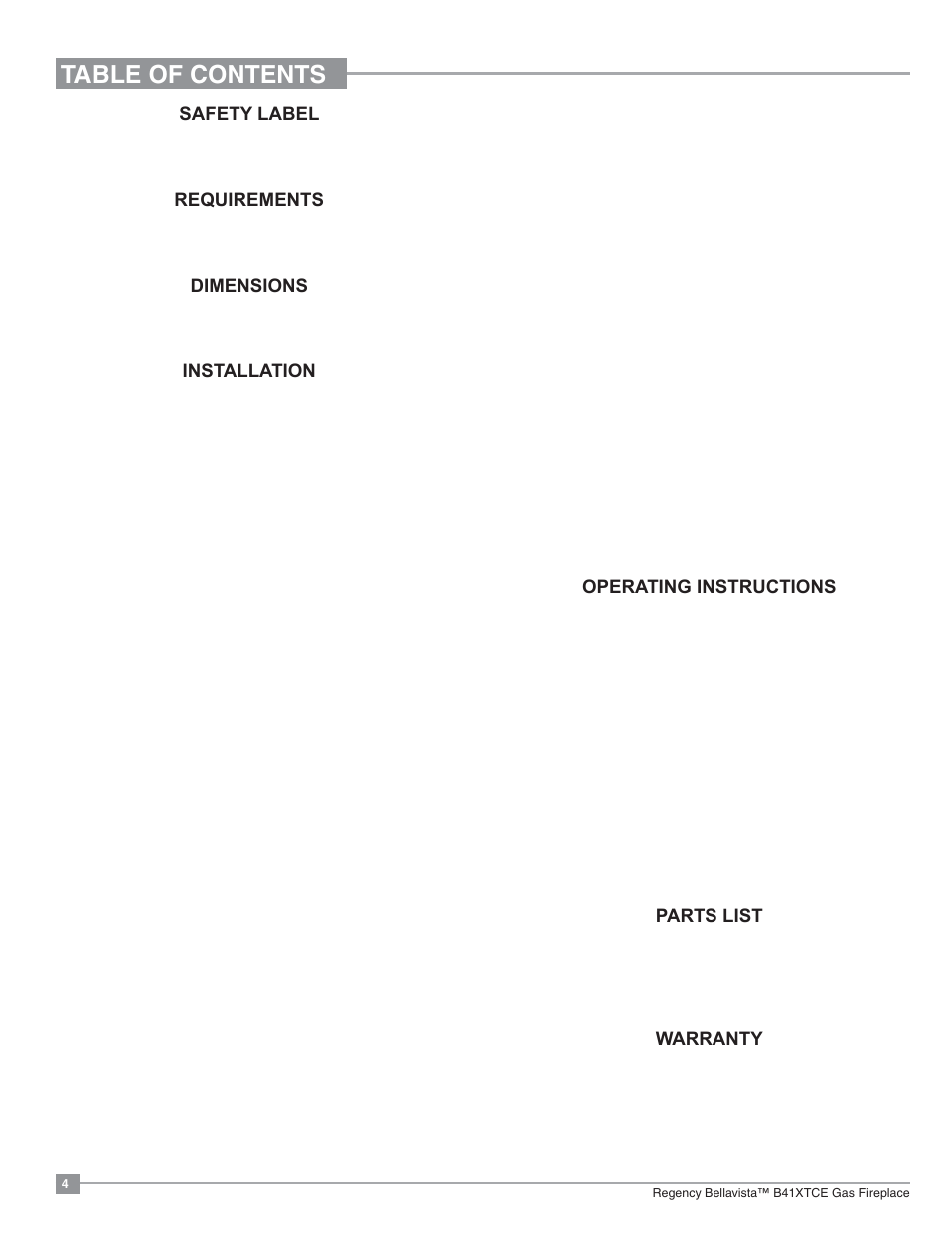 Regency Bellavista B41XTCE Large Gas Fireplace User Manual | Page 4 / 68