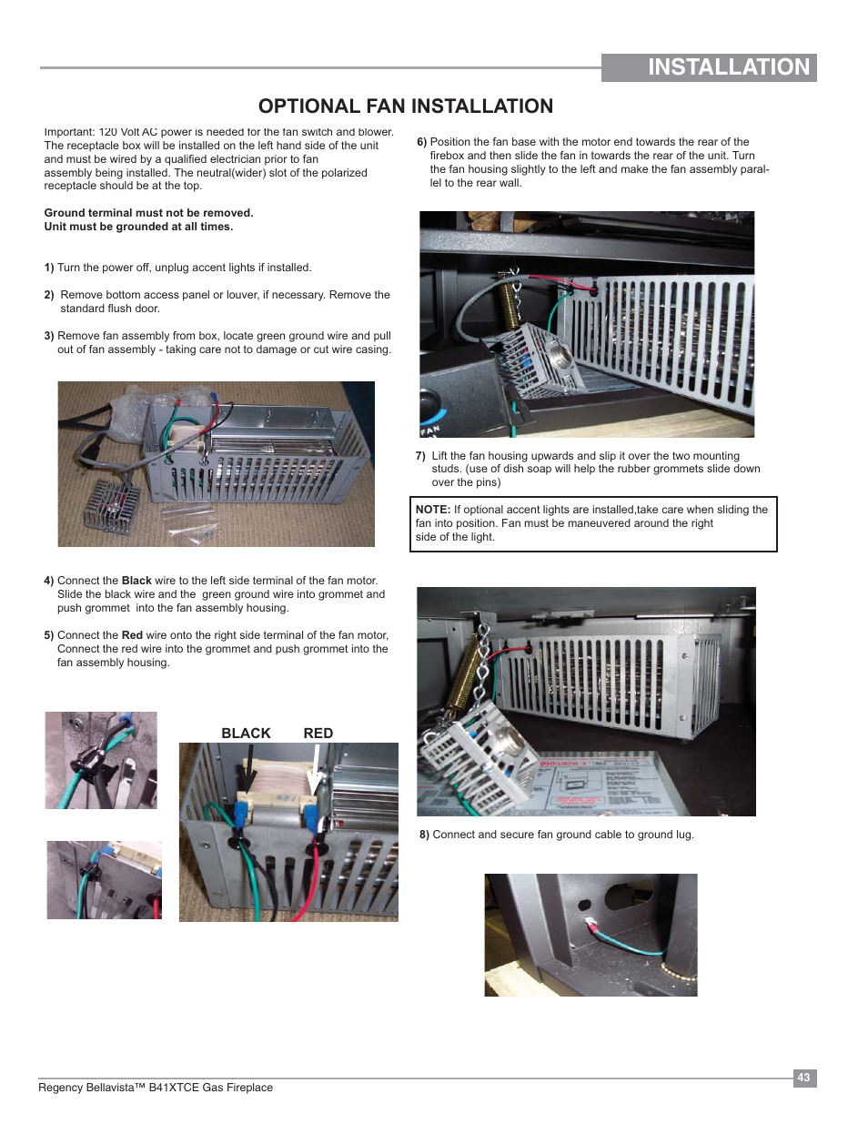 Installation, Optional fan installation | Regency Bellavista B41XTCE Large Gas Fireplace User Manual | Page 43 / 68