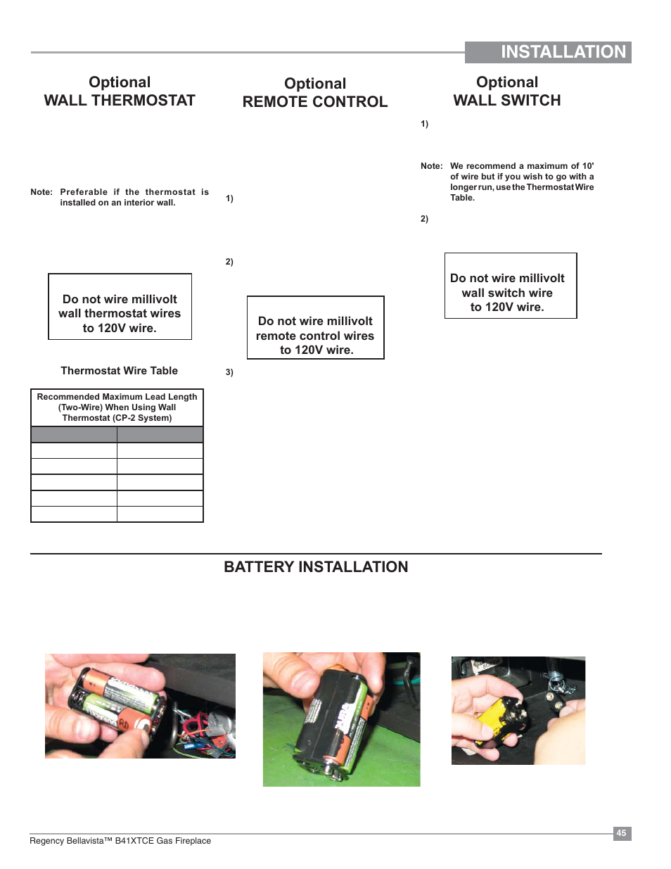 Installation, Battery installation optional wall switch, Optional wall thermostat | Optional remote control | Regency Bellavista B41XTCE Large Gas Fireplace User Manual | Page 45 / 68