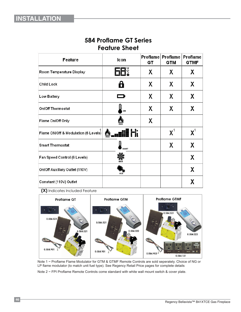 Installation 584 proflame gt series feature sheet | Regency Bellavista B41XTCE Large Gas Fireplace User Manual | Page 46 / 68
