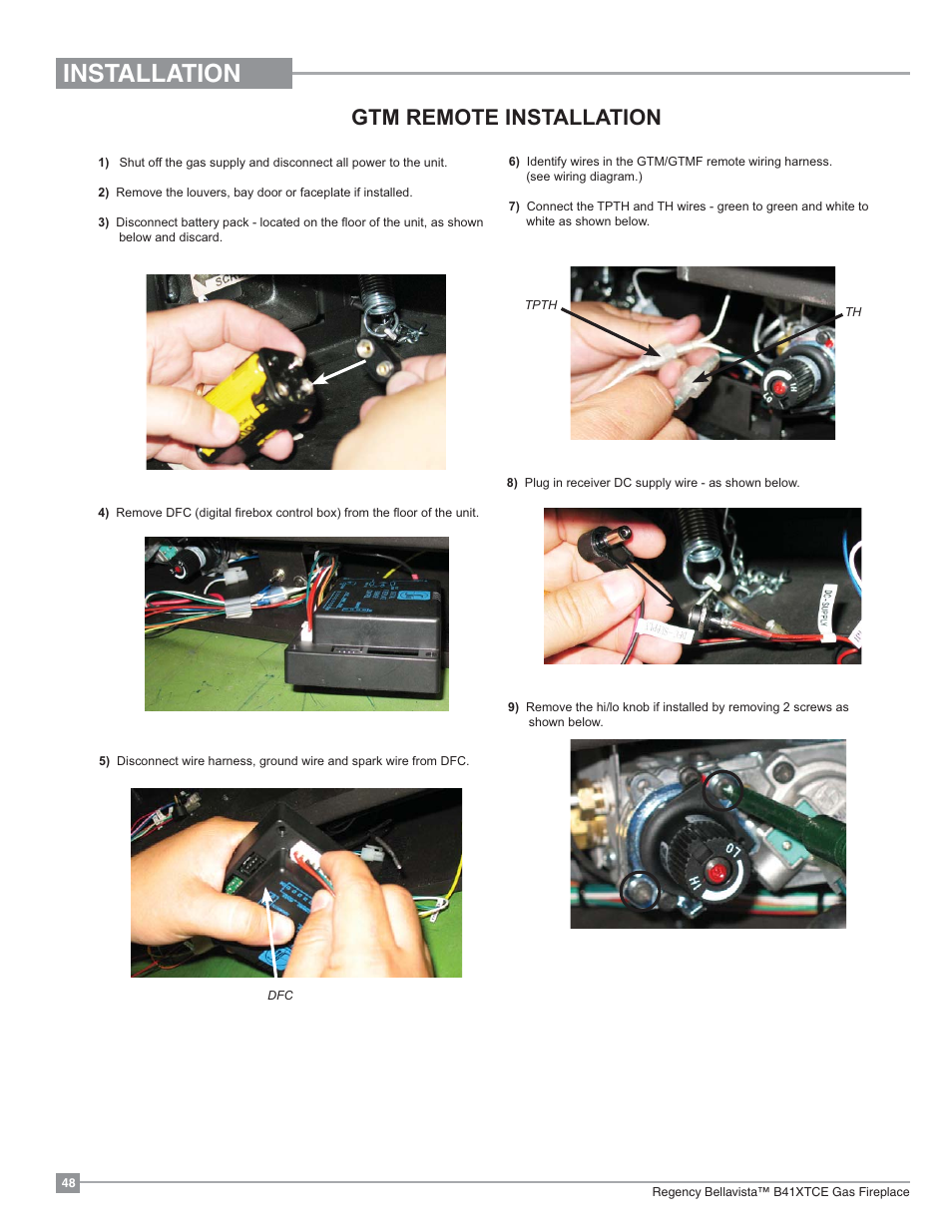 Installation, Gtm remote installation | Regency Bellavista B41XTCE Large Gas Fireplace User Manual | Page 48 / 68