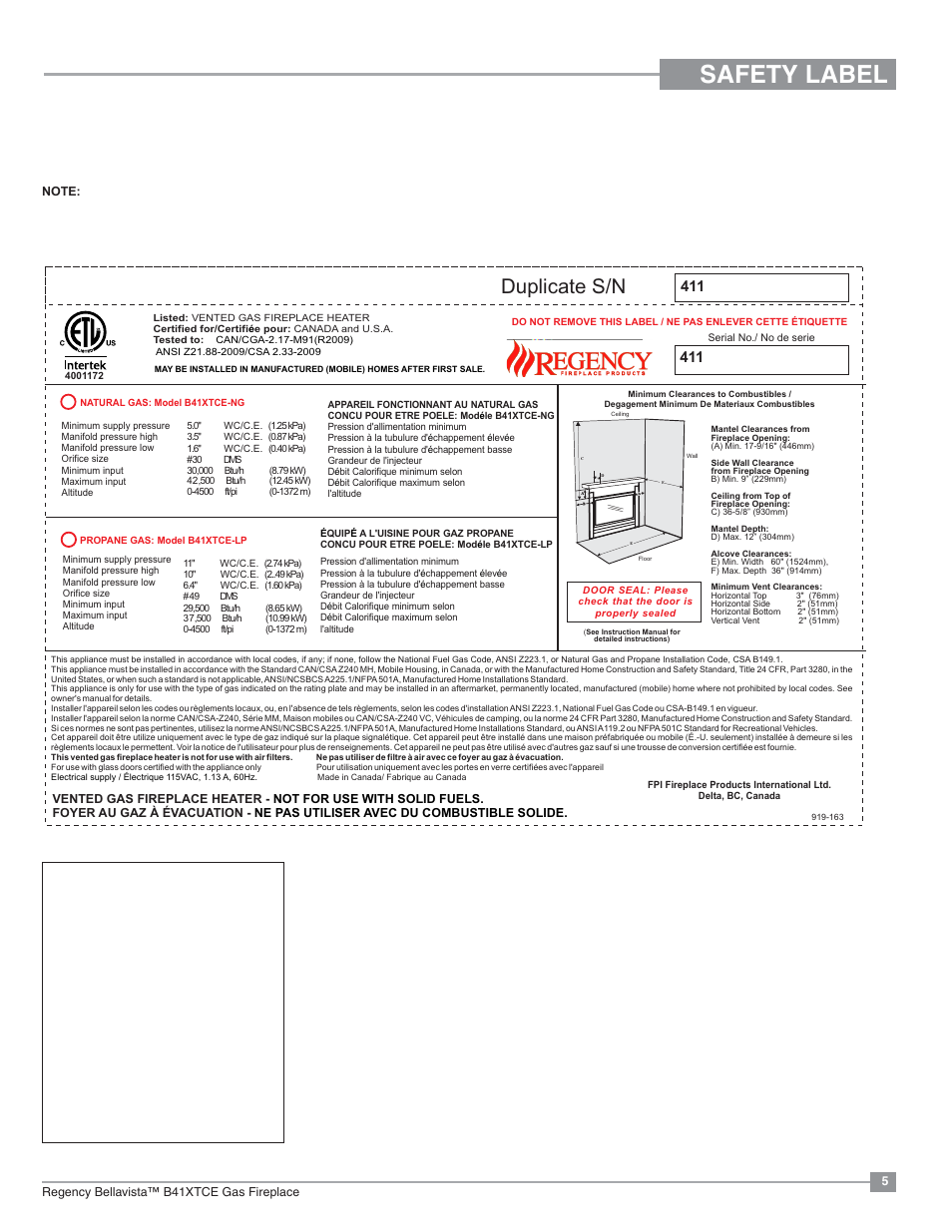 Safety label, Duplicate s/n | Regency Bellavista B41XTCE Large Gas Fireplace User Manual | Page 5 / 68