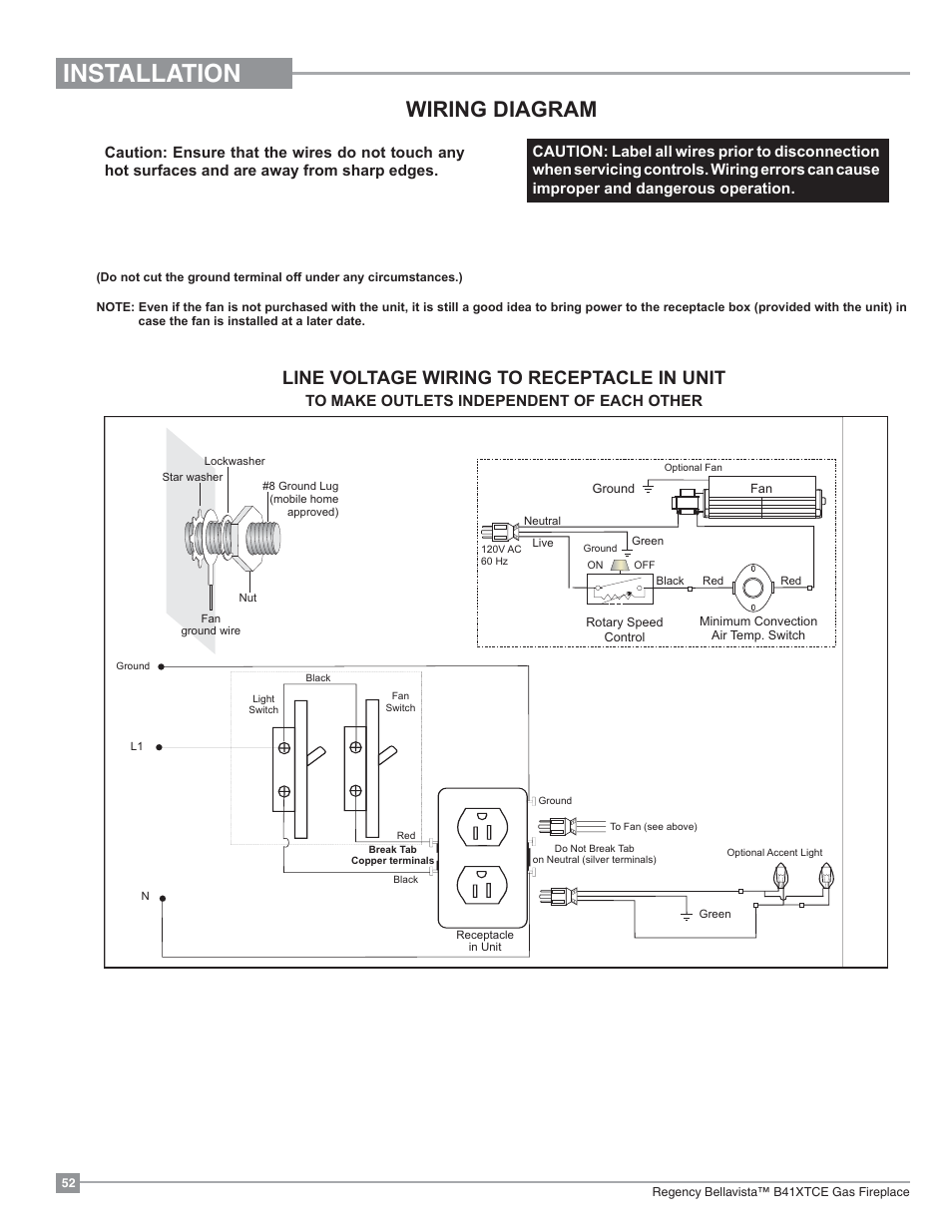 Installation, Wiring diagram, Line voltage wiring to receptacle in unit | Regency Bellavista B41XTCE Large Gas Fireplace User Manual | Page 52 / 68