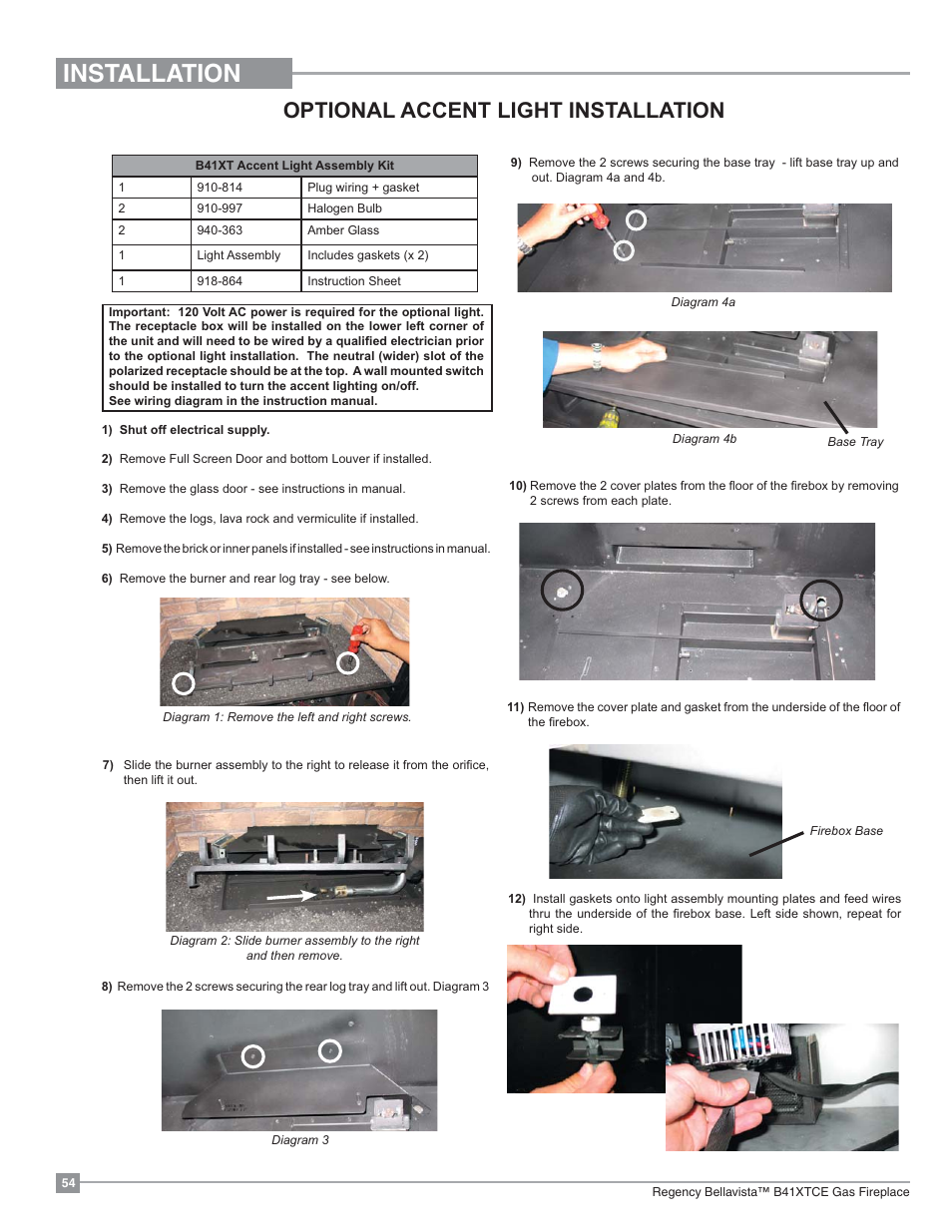 Installation, Optional accent light installation | Regency Bellavista B41XTCE Large Gas Fireplace User Manual | Page 54 / 68