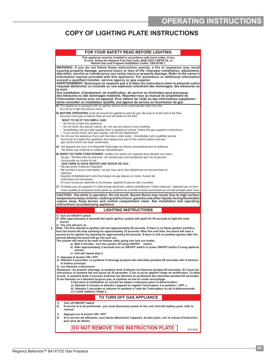 Installation operating instructions, Copy of lighting plate instructions, Do not remove this instruction plate | Regency Bellavista B41XTCE Large Gas Fireplace User Manual | Page 59 / 68