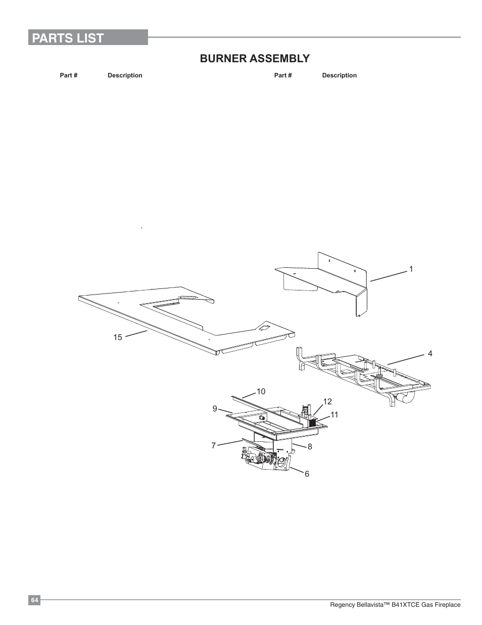 Parts list, Burner assembly | Regency Bellavista B41XTCE Large Gas Fireplace User Manual | Page 64 / 68