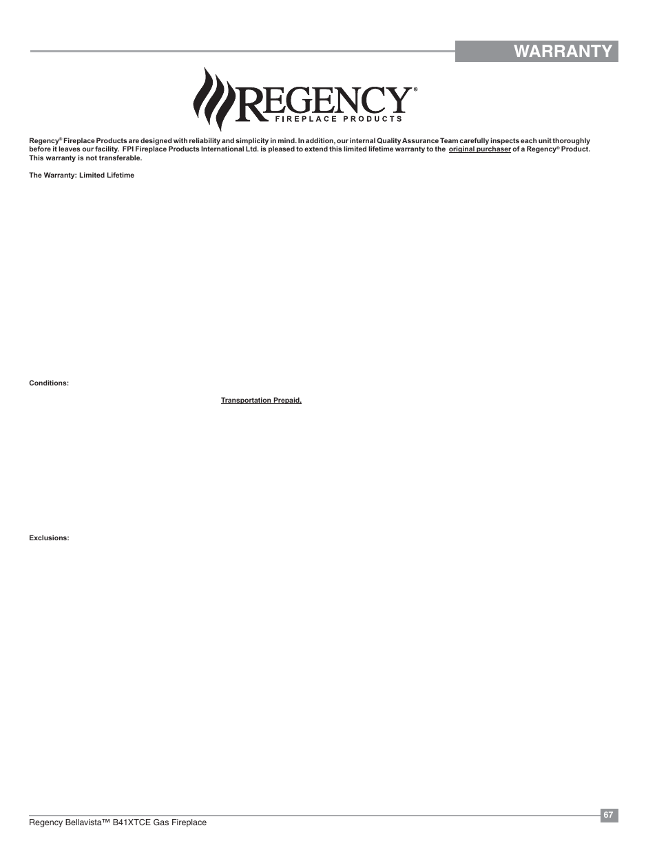 Warranty | Regency Bellavista B41XTCE Large Gas Fireplace User Manual | Page 67 / 68