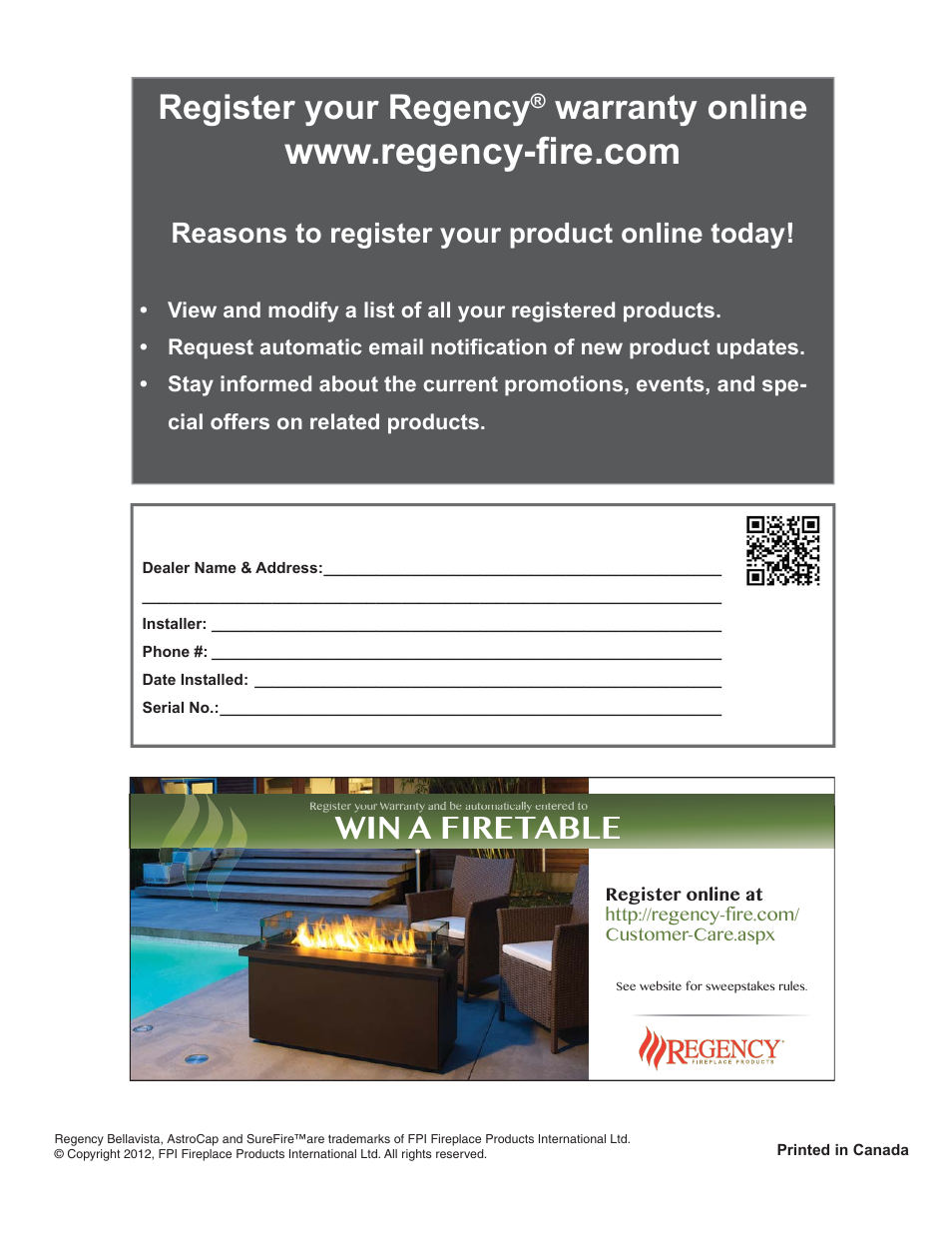 7).ɠ!ɠ&)2%4, Register your regency, Warranty online | Reasons to register your product online today | Regency Bellavista B41XTCE Large Gas Fireplace User Manual | Page 68 / 68