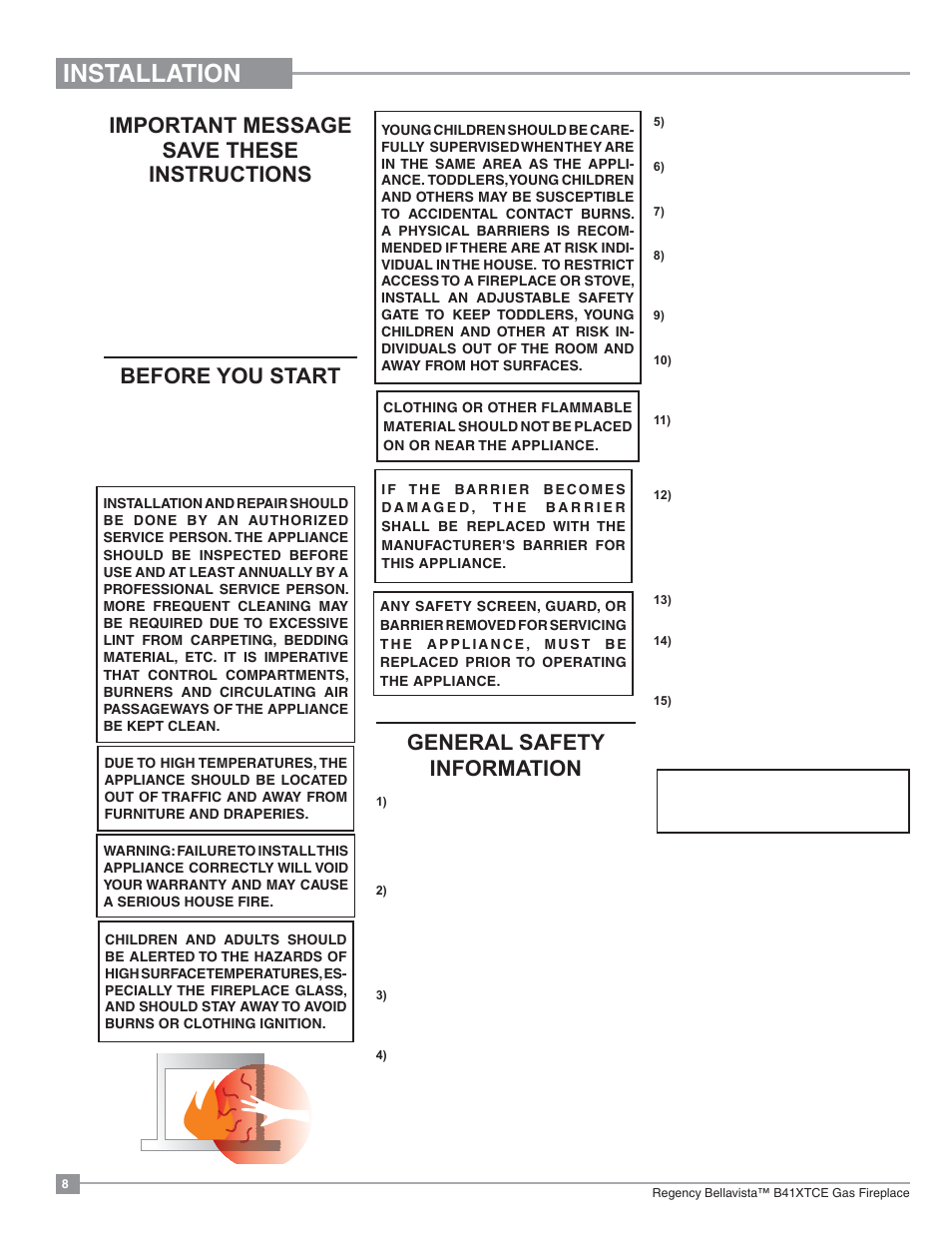 Installation, Important message save these instructions, Before you start | General safety information | Regency Bellavista B41XTCE Large Gas Fireplace User Manual | Page 8 / 68