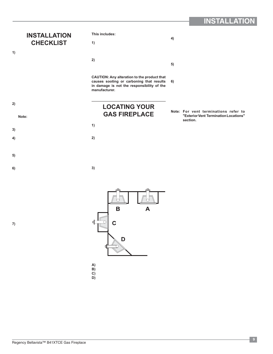 Installation, Locating your gas fireplace, Installation checklist | Regency Bellavista B41XTCE Large Gas Fireplace User Manual | Page 9 / 68