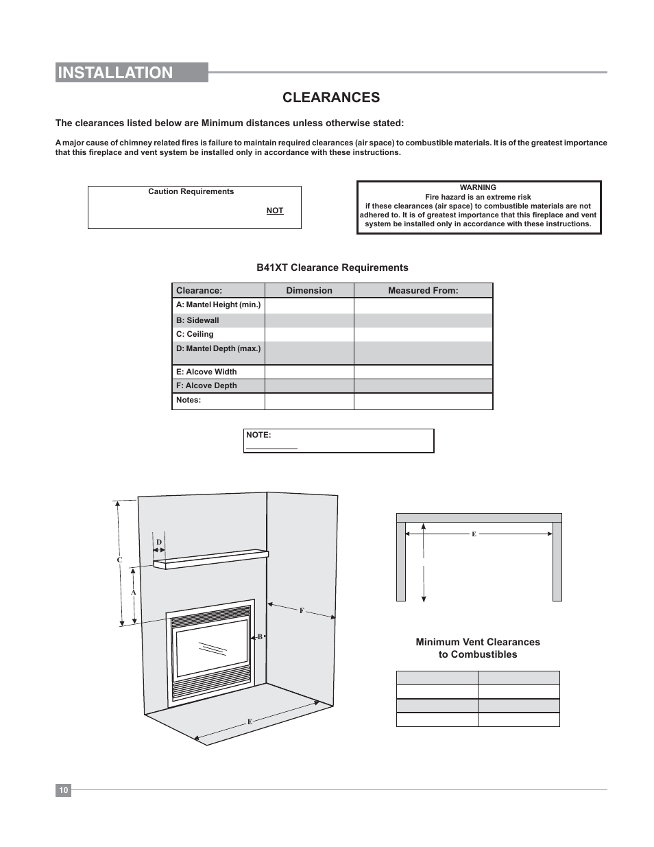 Installation, Clearances | Regency Bellavista B41XTE Large Gas Fireplace User Manual | Page 10 / 64