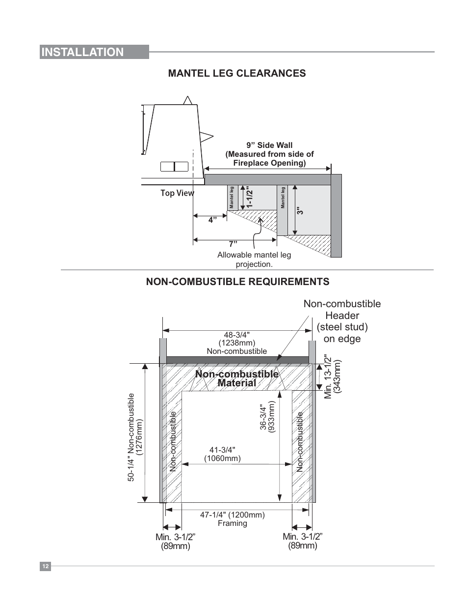 Installation, Non-combustible header (steel stud) on edge, Mantel leg clearances non-combustible requirements | Non-combustible material | Regency Bellavista B41XTE Large Gas Fireplace User Manual | Page 12 / 64