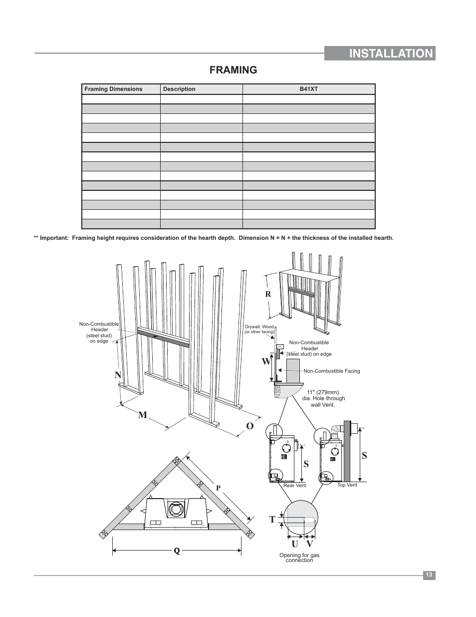 Installation, Framing, Mn o | U v t | Regency Bellavista B41XTE Large Gas Fireplace User Manual | Page 13 / 64