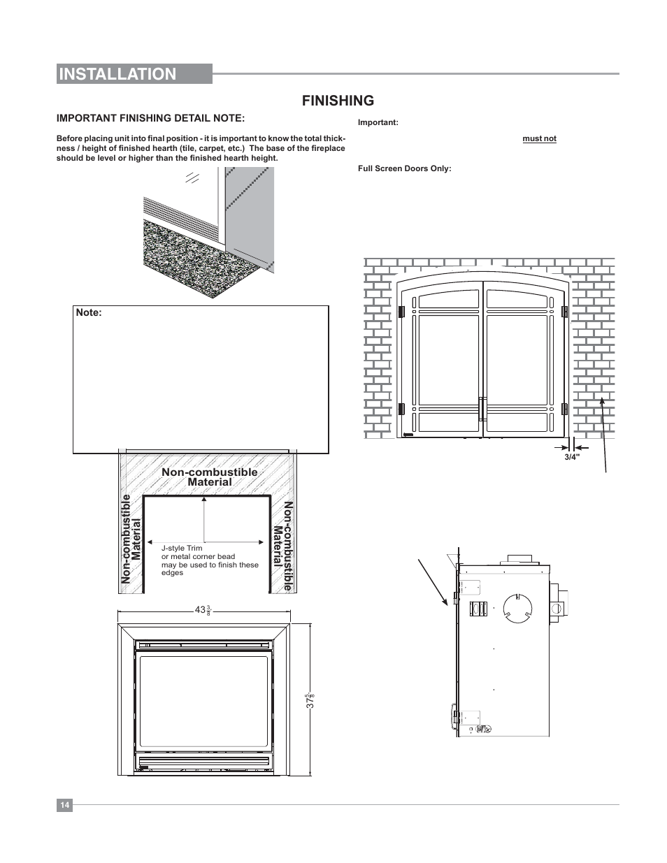 Installation, Finishing, Non-combustible material non-combustible material | Regency Bellavista B41XTE Large Gas Fireplace User Manual | Page 14 / 64