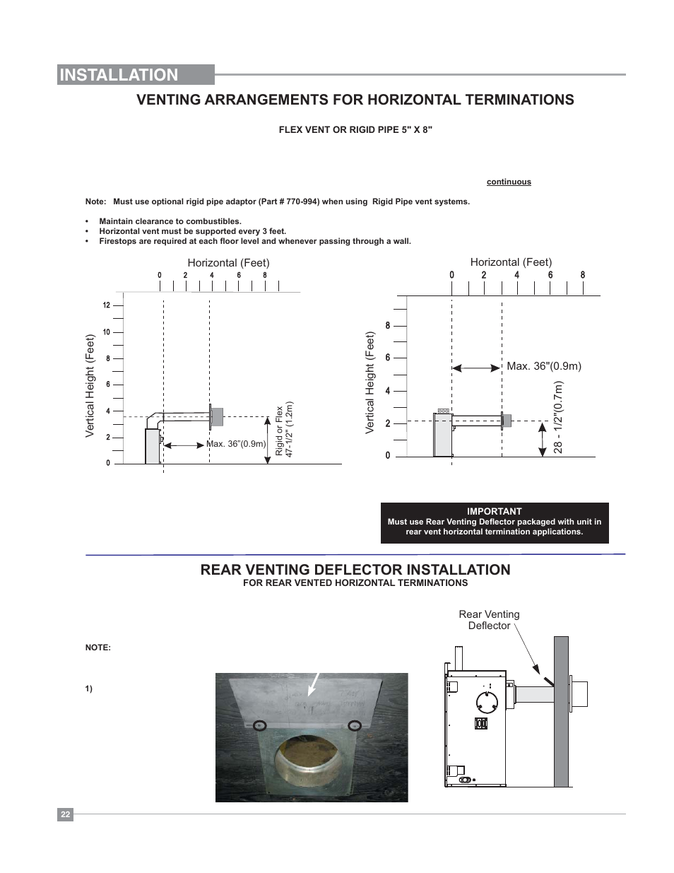 Installation, Venting arrangements for horizontal terminations, Rear venting deflector installation | Regency Bellavista B41XTE Large Gas Fireplace User Manual | Page 22 / 64