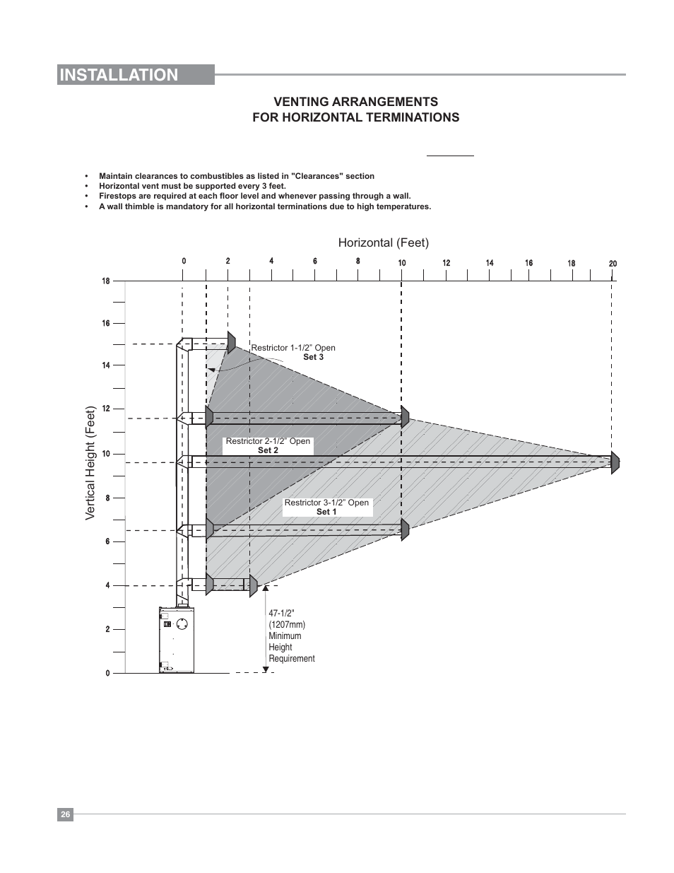 Installation, Vertical height (feet) horizontal (feet), Venting arrangements for horizontal terminations | Regency Bellavista B41XTE Large Gas Fireplace User Manual | Page 26 / 64