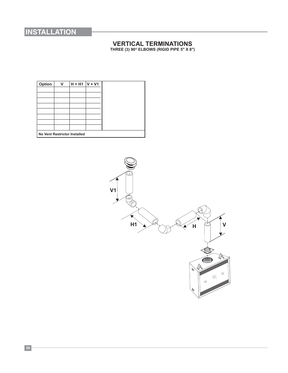 Installation, Vertical terminations, Vh1 h v1 | Regency Bellavista B41XTE Large Gas Fireplace User Manual | Page 30 / 64