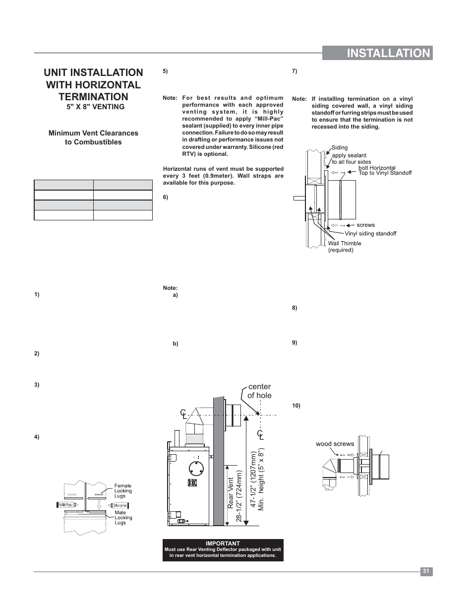 Installation, Unit installation with horizontal termination, Center of hole | Regency Bellavista B41XTE Large Gas Fireplace User Manual | Page 31 / 64