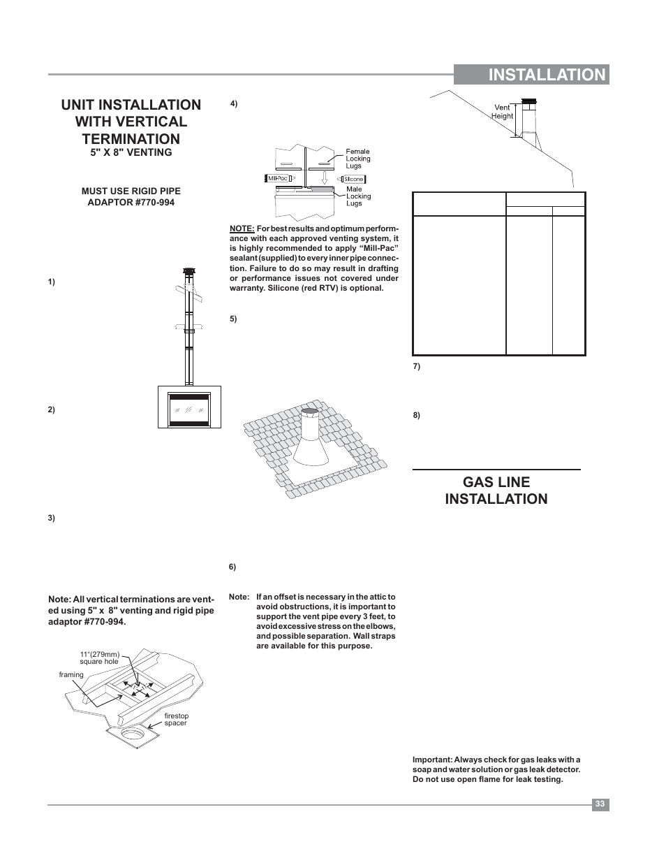 Installation, Gas line installation, Unit installation with vertical termination | Regency Bellavista B41XTE Large Gas Fireplace User Manual | Page 33 / 64