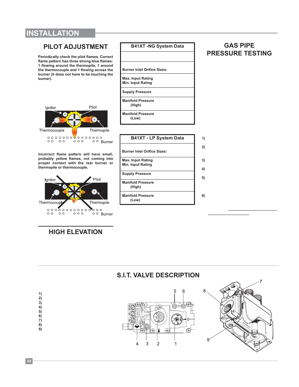 Installation, Gas pipe pressure testing, High elevation | Pilot adjustment, S.i.t. valve description | Regency Bellavista B41XTE Large Gas Fireplace User Manual | Page 34 / 64