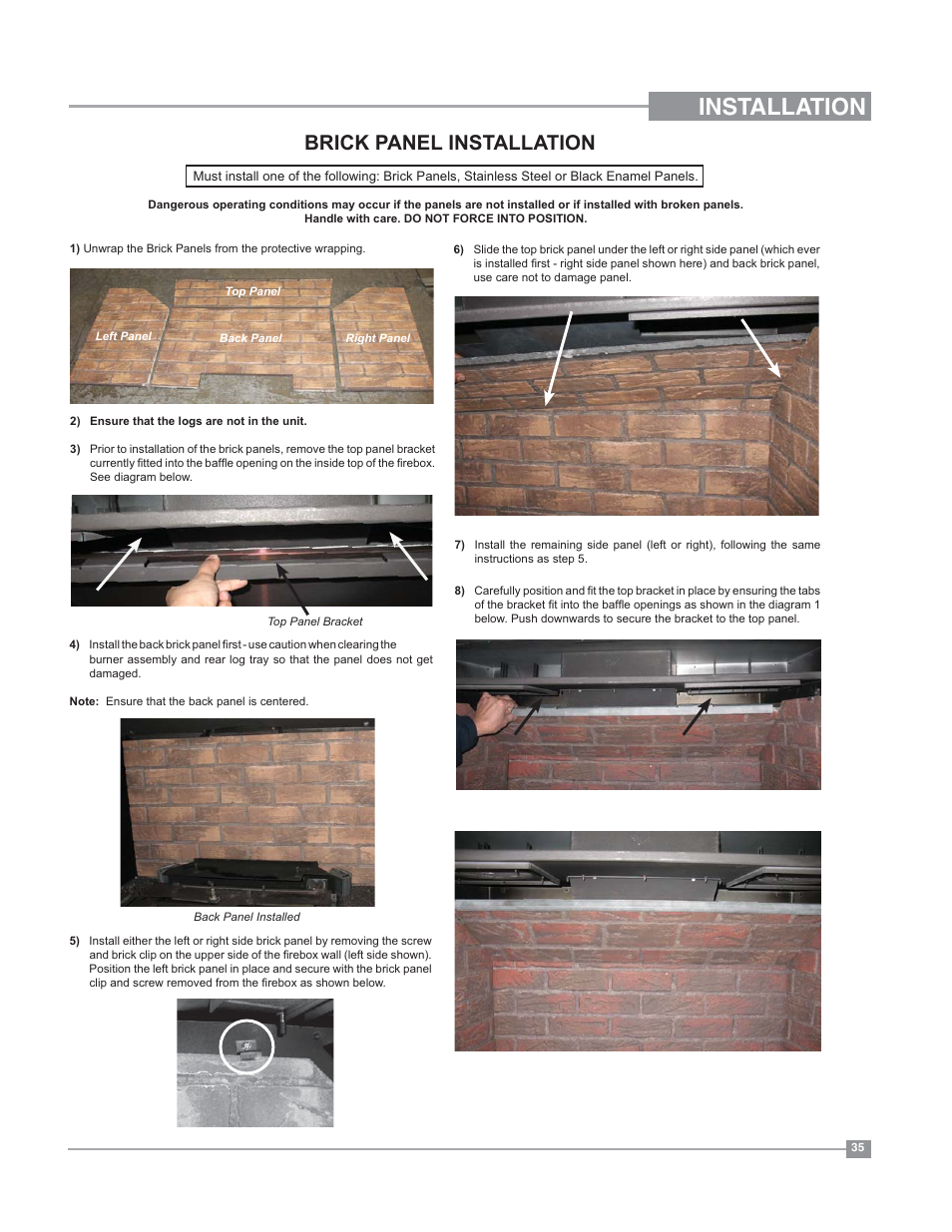 Installation, Brick panel installation | Regency Bellavista B41XTE Large Gas Fireplace User Manual | Page 35 / 64