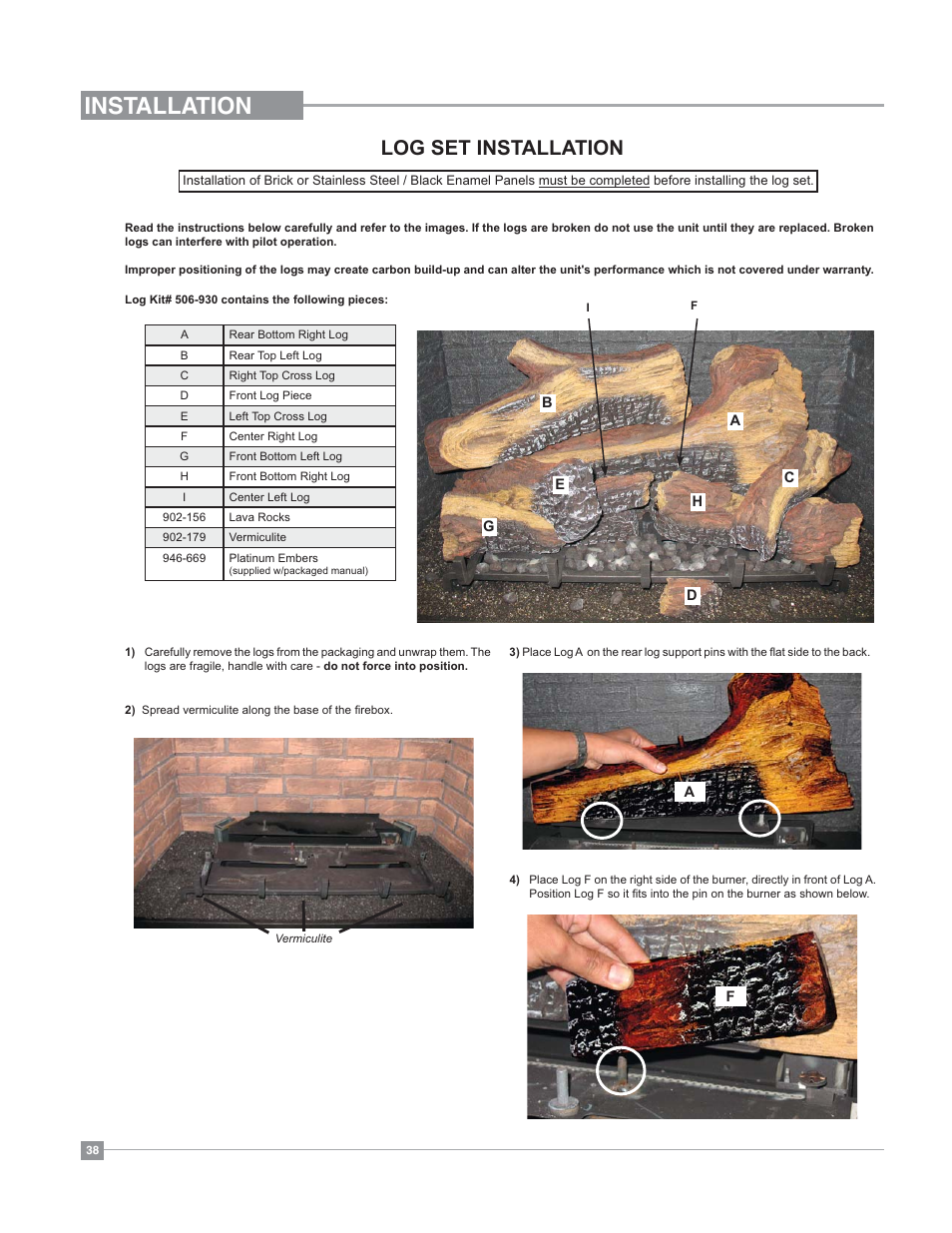 Installation, Log set installation | Regency Bellavista B41XTE Large Gas Fireplace User Manual | Page 38 / 64