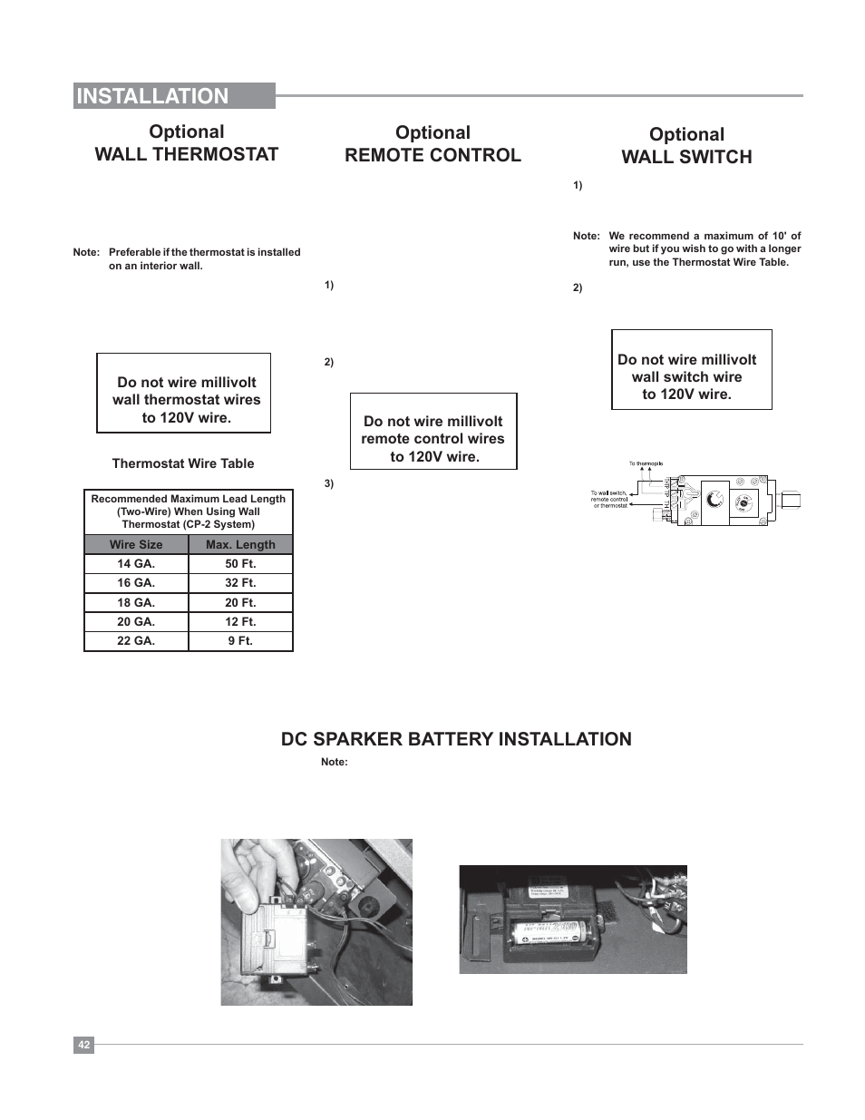 Installation, Optional wall switch, Optional wall thermostat | Optional remote control, Dc sparker battery installation | Regency Bellavista B41XTE Large Gas Fireplace User Manual | Page 42 / 64