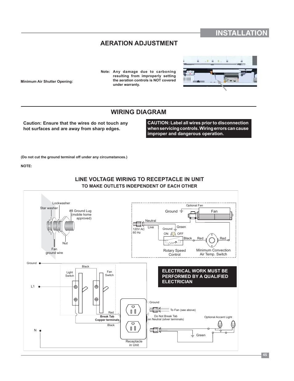 Installation, Wiring diagram aeration adjustment, Line voltage wiring to receptacle in unit | Regency Bellavista B41XTE Large Gas Fireplace User Manual | Page 45 / 64