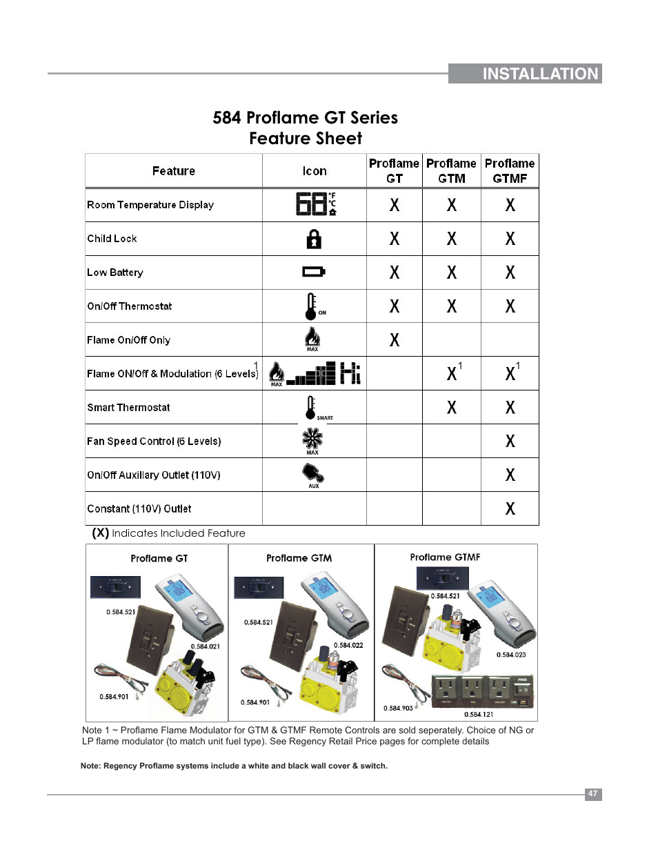 584 proflame gt series feature sheet, Installation | Regency Bellavista B41XTE Large Gas Fireplace User Manual | Page 47 / 64