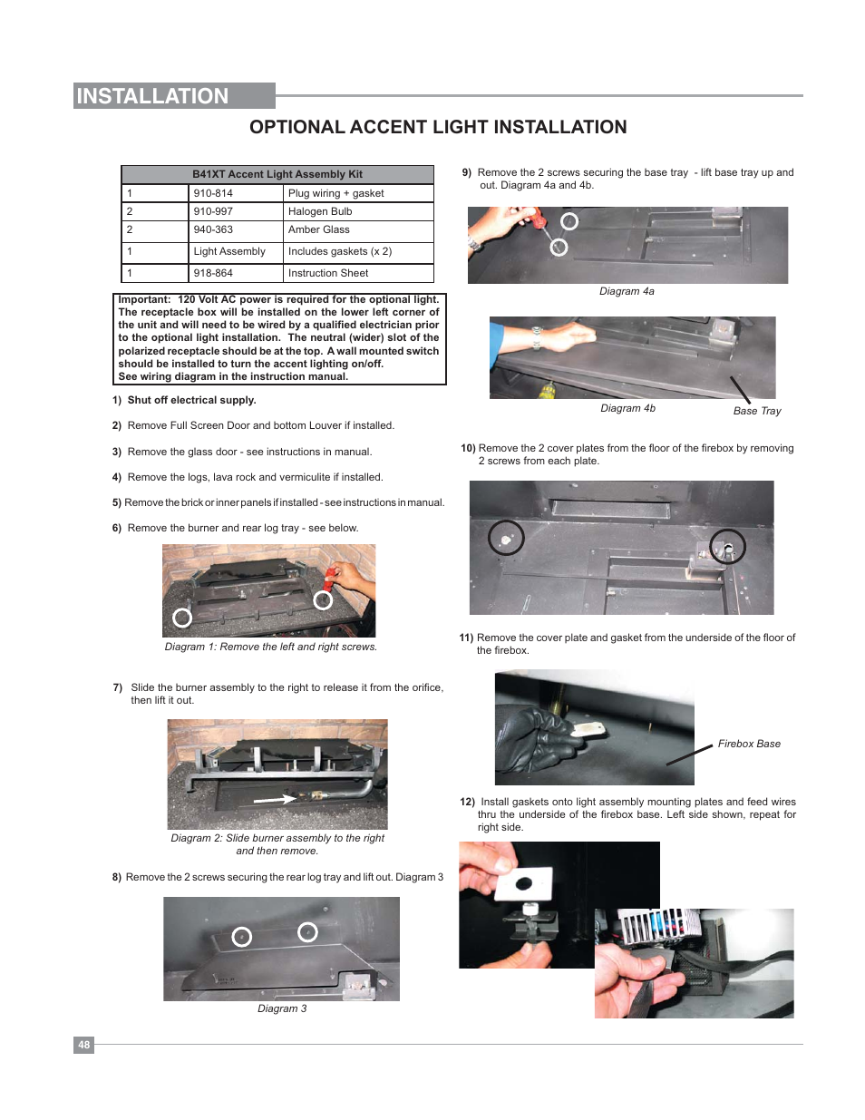 Installation, Optional accent light installation | Regency Bellavista B41XTE Large Gas Fireplace User Manual | Page 48 / 64