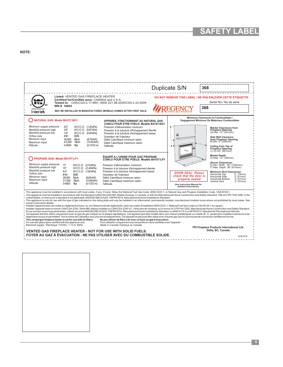 Safety label, Duplicate s/n | Regency Bellavista B41XTE Large Gas Fireplace User Manual | Page 5 / 64