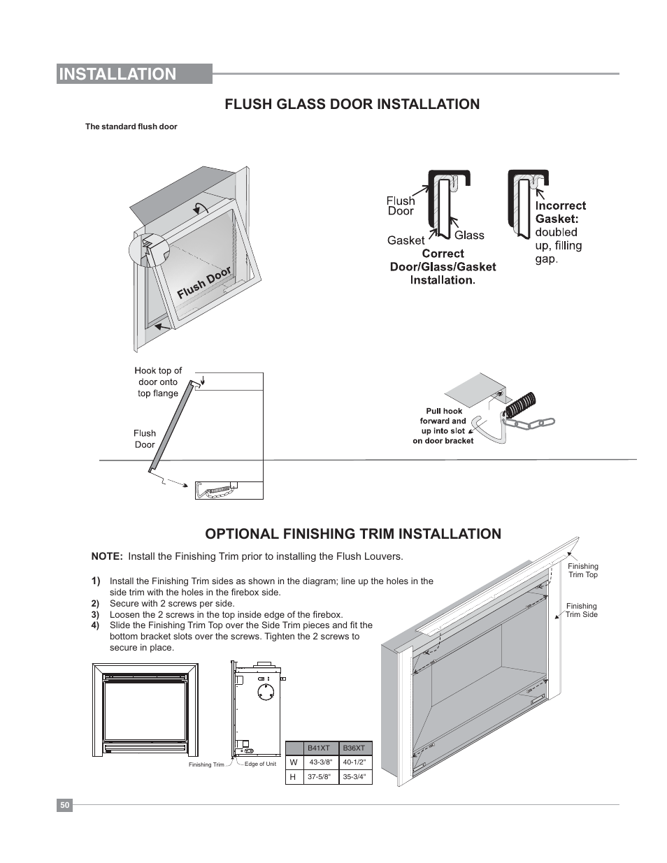 Installation, Flush glass door installation, Optional finishing trim installation | Regency Bellavista B41XTE Large Gas Fireplace User Manual | Page 50 / 64