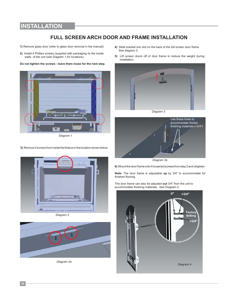 Installation, Full screen arch door and frame installation | Regency Bellavista B41XTE Large Gas Fireplace User Manual | Page 52 / 64