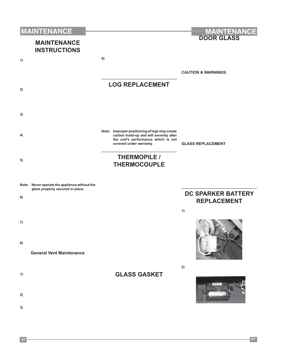 Maintenance, Log replacement, Thermopile / thermocouple | Glass gasket, Door glass, Maintenance instructions, Dc sparker battery replacement | Regency Bellavista B41XTE Large Gas Fireplace User Manual | Page 57 / 64