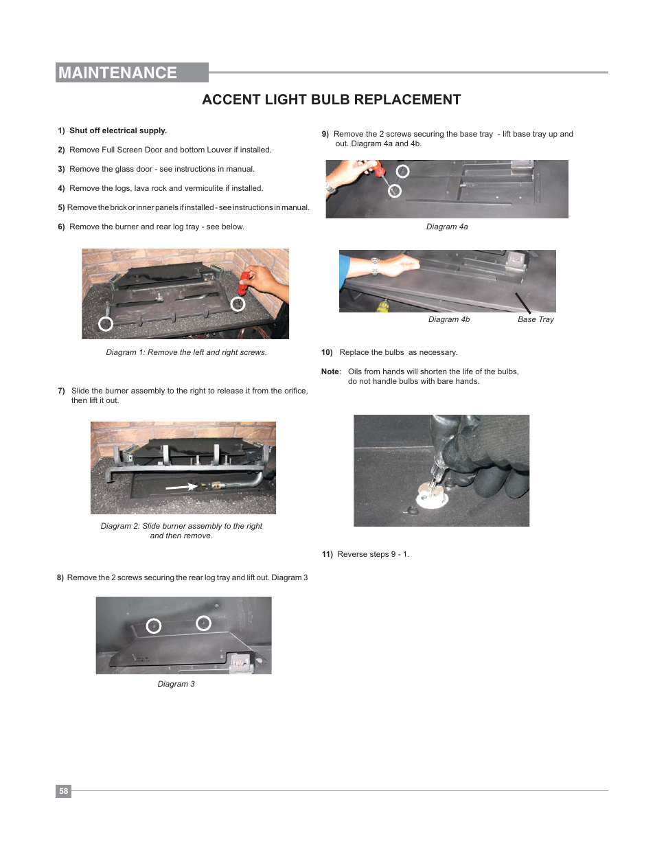 Maintenance, Accent light bulb replacement | Regency Bellavista B41XTE Large Gas Fireplace User Manual | Page 58 / 64