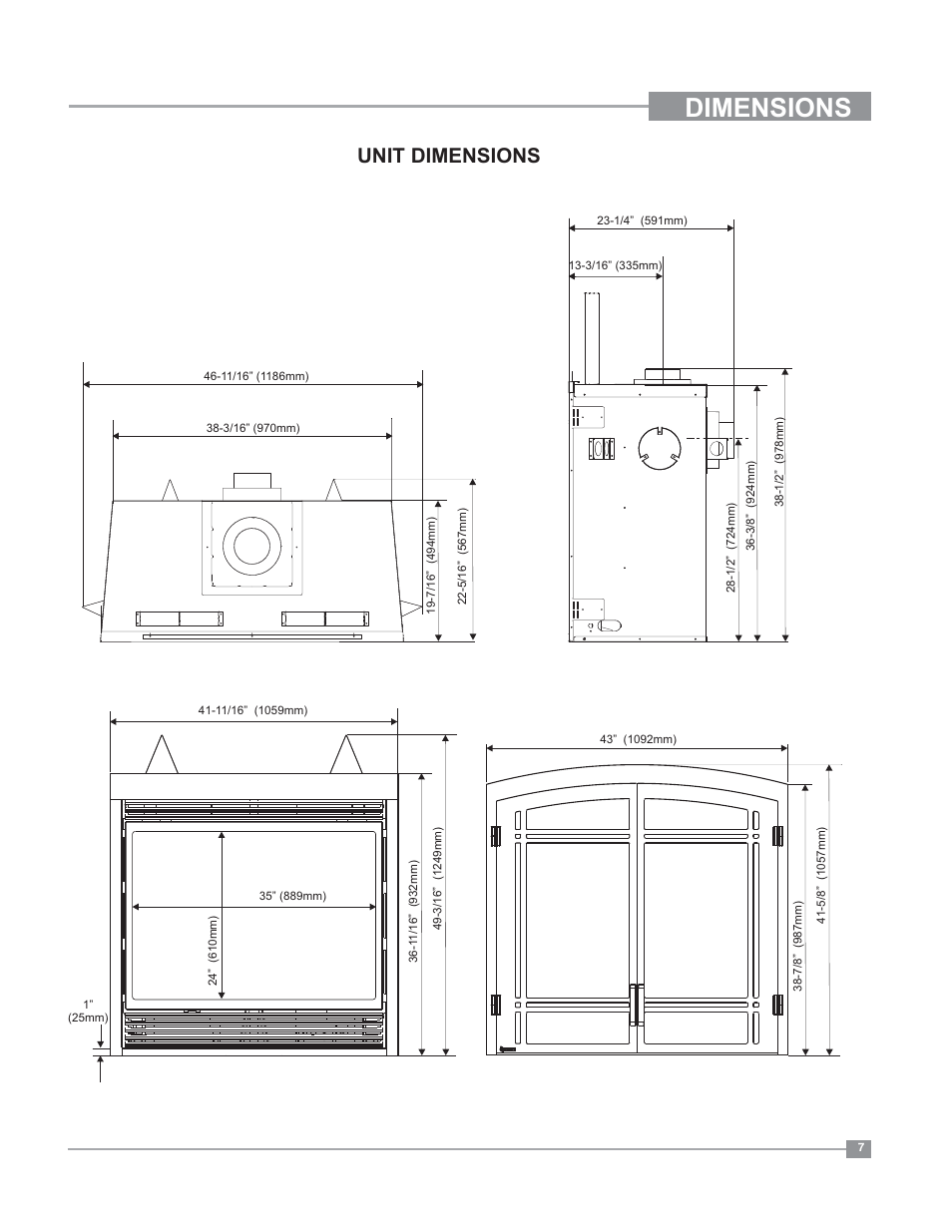 Dimensions, Unit dimensions | Regency Bellavista B41XTE Large Gas Fireplace User Manual | Page 7 / 64