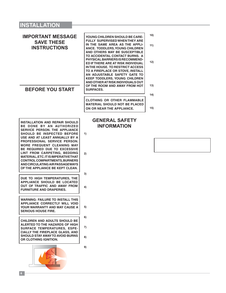 Installation, Important message save these instructions, Before you start | General safety information | Regency Bellavista B41XTE Large Gas Fireplace User Manual | Page 8 / 64