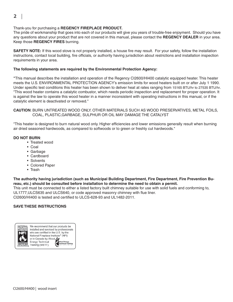 Regency CI2600 Large Wood Insert User Manual | Page 2 / 40