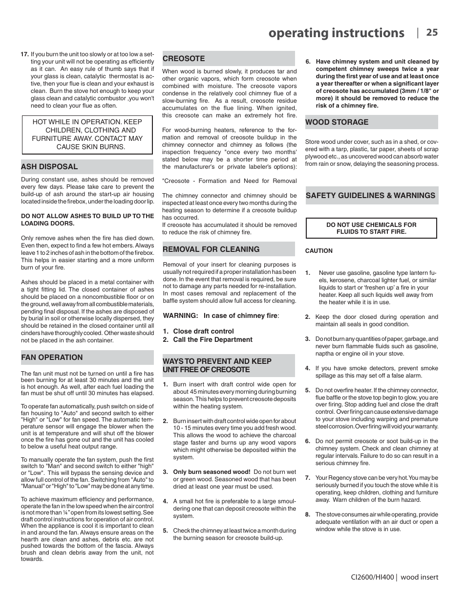 Operating instructions | Regency CI2600 Large Wood Insert User Manual | Page 25 / 40