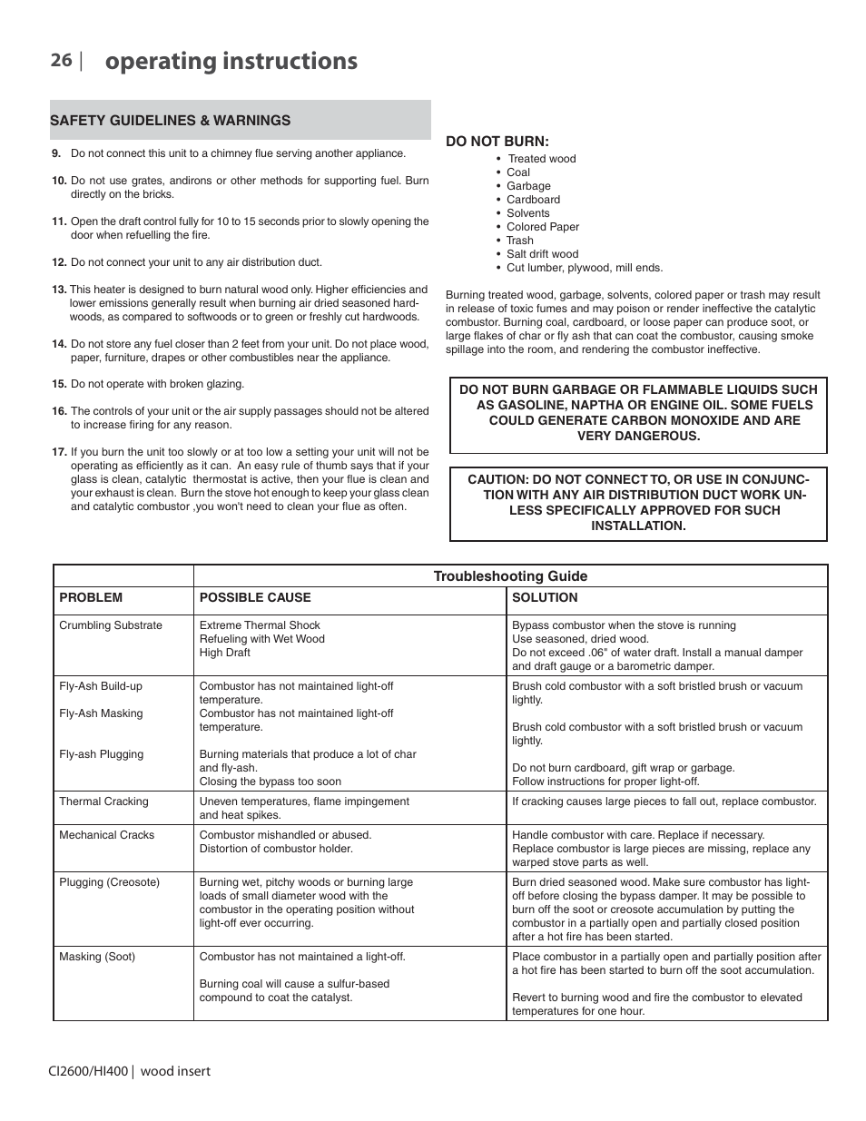 Operating instructions | Regency CI2600 Large Wood Insert User Manual | Page 26 / 40