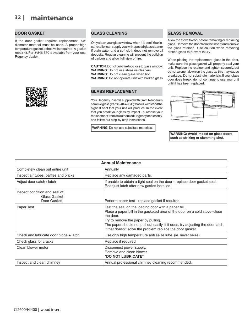 Maintenance | Regency CI2600 Large Wood Insert User Manual | Page 32 / 40