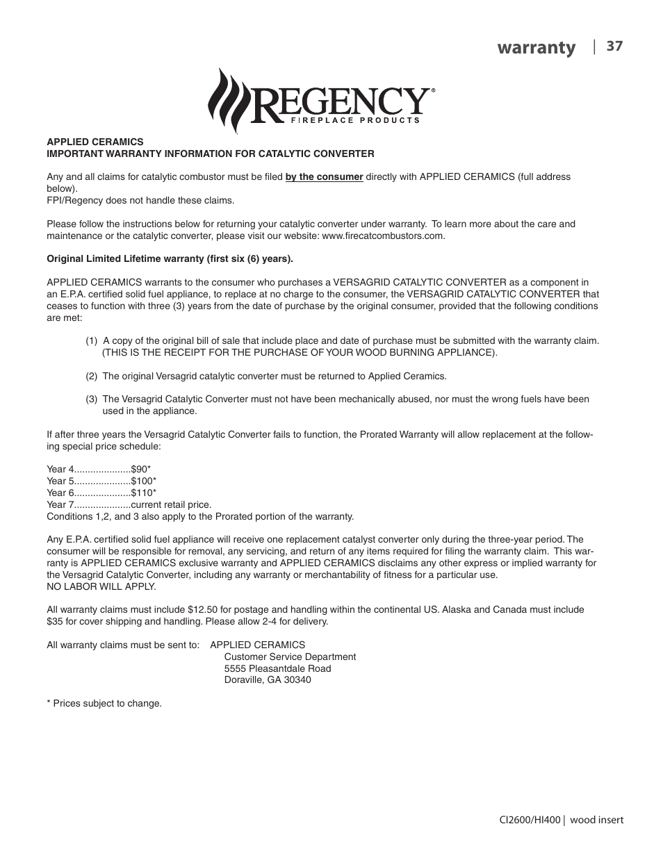 Warranty | Regency CI2600 Large Wood Insert User Manual | Page 37 / 40